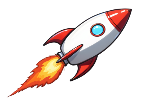 Cartoon Rocket Ship with Fire Thrusters, Isolated on Transparent Background