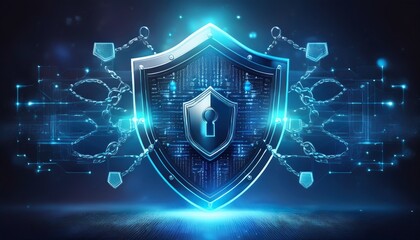 A futuristic shield symbolizing cybersecurity, featuring digital elements and a lock icon, representing protection and safety in the online world.
