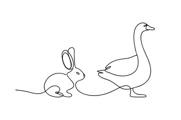 Single Line Drawing Rabbit and Goose, Farm Animals, Continuous Line Art