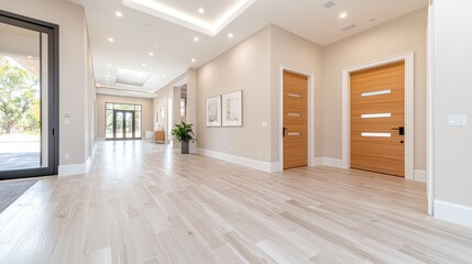 Obraz premium Modern home foyer, bright interior, light wood floors, natural light