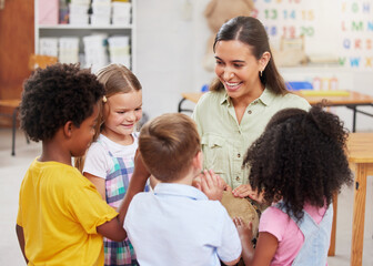 Teacher, children and play drums in classroom for creative learning, language development and childhood. Woman, kids and instruments for teaching music, sensory education and group activity at school