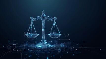Abstract digital scales of justice glowing on dark blue background.