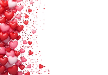 Romantic Heart Background with Falling Red and Pink Hearts Isolated on White and Transparent Background