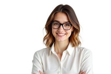Smiling woman portrait with glasses, isolated on transparent background. Cheerful businesswoman for corporate website, presentations, and online learning visuals.