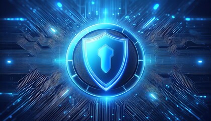 Fototapeta premium A futuristic digital shield symbolizing cybersecurity, surrounded by glowing circuits and a blue tech-inspired background.