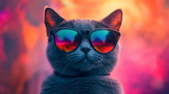 Cool cat wearing colorful sunglasses against vibrant sunset background. Fashion and relaxation concept