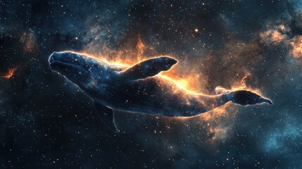 Naklejka premium A celestial whale made of nebula gas glides through space, its glowing body trailing interstellar dust