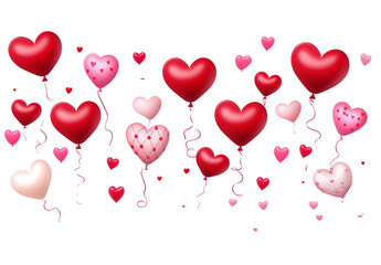 Set of Heart Balloons with Ribbons in Red and Pink Isolated on White and Transparent Background