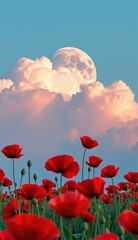 Obraz premium A beautiful field of red tulips and poppies under a blue sky