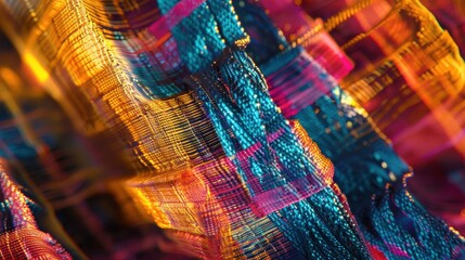 A mesmerizing macro shot of an intricate woven textile featuring vibrant blue, gold, and pink threads.