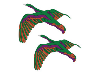 Obraz premium Floral Motif, Bird on floral stemm, blossom flower on white background.