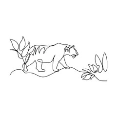 Single Line Drawing of a Majestic Tiger in Jungle Foliage