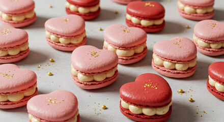 Fototapeta premium Delicate, heart shaped macarons in pastel pink and red hues, filled with a champagne-flavored buttercream.