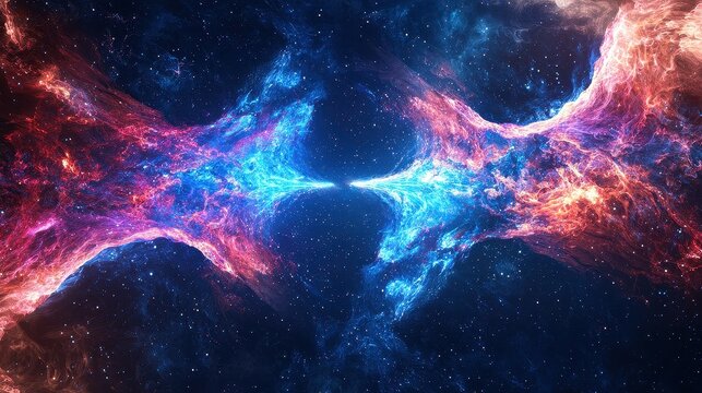 A radiant cosmic bridge of nebula gas connects two parallel universes, glowing with infinite energy