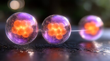 Close-up view of three atomic structures with glowing nuclei, set against a blurred natural background
