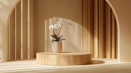 Minimalist Product Display with Curved Arch Background, Golden Striped Curtain, and Wooden Pedestal


