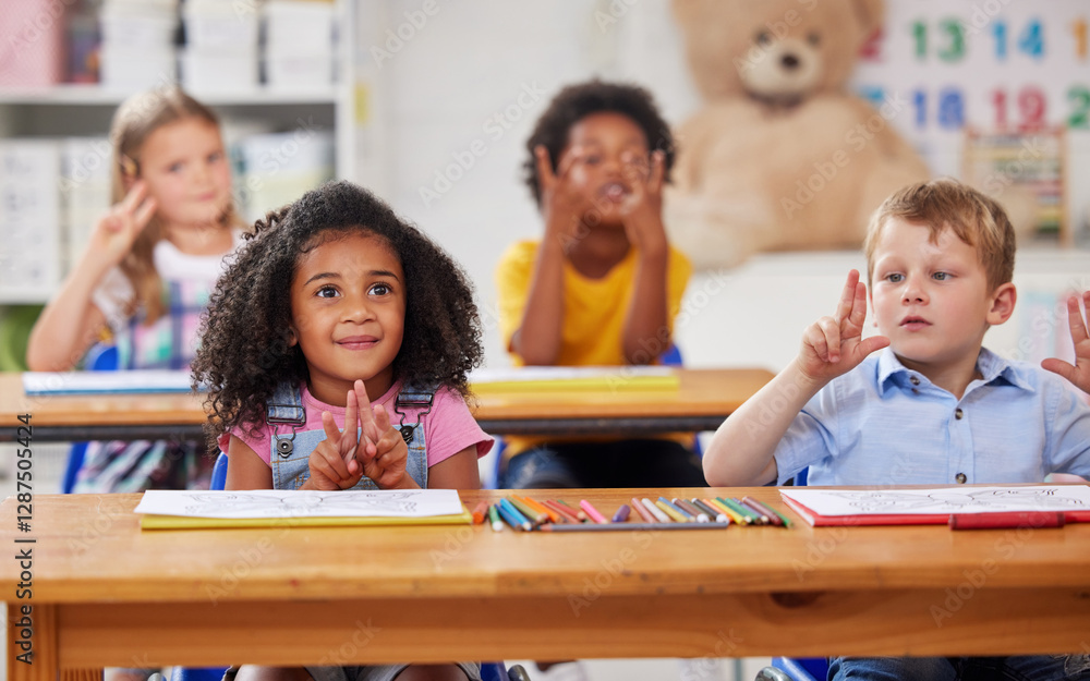Aufkleber Group, children and counting lesson in classroom for learning maths, calculate and quiz solution. Kids, students and notebook for education, problem solving and studying numbers with academic growth