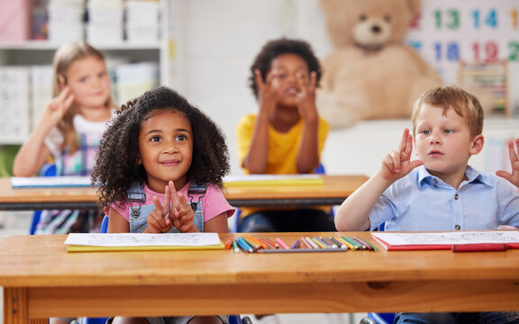Group, children and counting lesson in classroom for learning maths, calculate and quiz solution. Kids, students and notebook for education, problem solving and studying numbers with academic growth