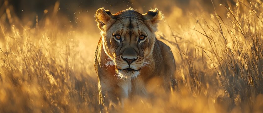 A dramatic close-up of a lioness hunting in the tall grass of the Serengeti, showcasing the park's apex predators in action