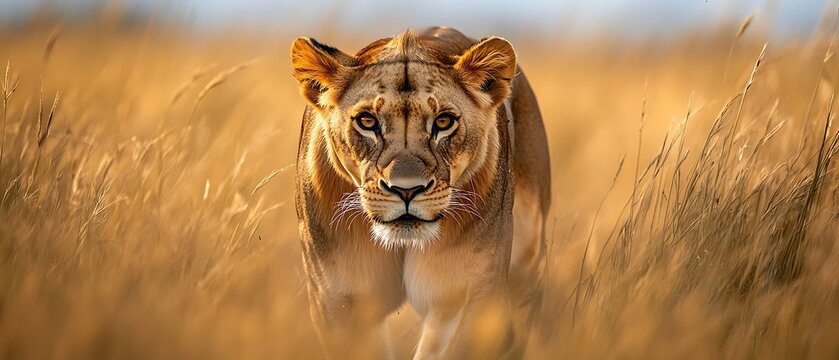 A dramatic close-up of a lioness hunting in the tall grass of the Serengeti, showcasing the park's apex predators in action