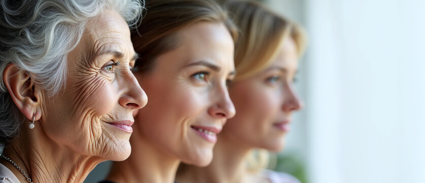 Collage of three faces blending across generations the elderly sebior woman, midaged woman and a girl
