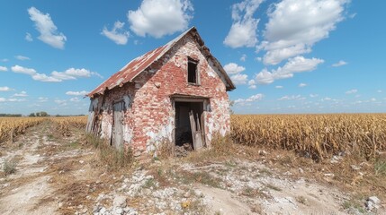 Derelict brick farmhouse in cornfield, summer sky