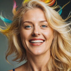 Fototapeta premium mature woman with freshly dyed blonde hair, laughing and happy, embracing aging with style and creativity