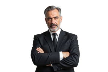Senior businessman executive manager in suit with arms crossed. Confident professional leader portrait for corporate website, business presentations, and marketing materials.