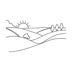 Sunrise Over Rolling Hills, Simple Line Drawing Landscape Art