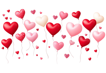 Set of Heart Shaped Balloons in Red and Pink Tones Isolated on White and Transparent Background