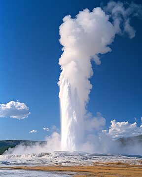 A dramatic shot of Old Faithful geyser erupting against a blue sky, capturing the power and beauty of Yellowstone&acirc;&euro;&trade;s geothermal features