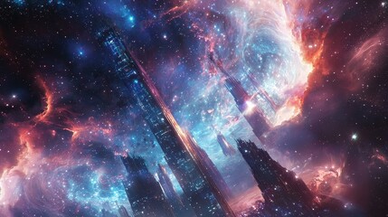 A deep-space city built inside a nebula, skyscrapers illuminated by radiant interstellar light