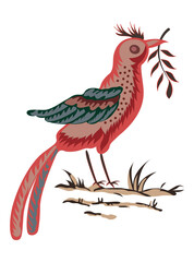 Floral Motif, Bird on floral stemm, blossom flower on white background.