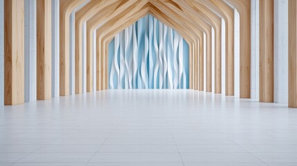 Obraz premium Modern wooden hall, blue wall, empty floor, architecture design