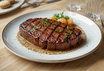 Grilled Beef Steak with Sauce and Vegetables on a White Plate