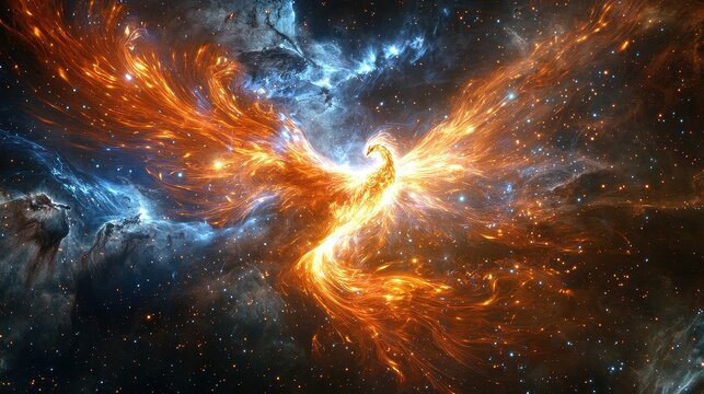 A radiant cosmic phoenix bursts forth from a nebula, its body composed of luminous plasma