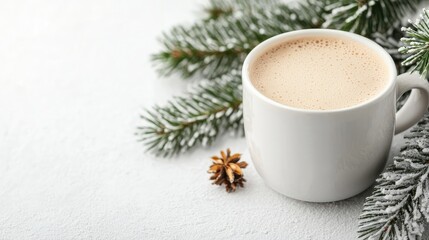 Winter hot drink, fir branches, star anise, white background, holiday season