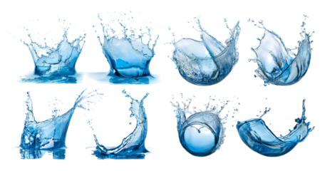 Dynamic Water Splash Collection with Vivid Blue Tones and Action, isolated on transparent background