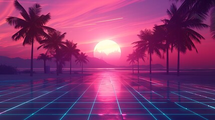 Naklejka premium A nostalgic retro 80s-inspired background featuring a neon sunset over a digital grid landscape, palm trees, and a vibrant color palette of pink, purple, and blue, glowing neon lights, smooth 