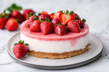 Delicious strawberry cheesecake garnished with fresh strawberries.