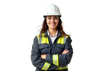 Confident female engineer with transparent hard hat and reflective jacket, arms crossed. Professional, trustworthy. Isolated on transparent background. Ideal for engineering and construction themes.