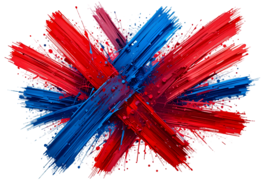 Abstract Brush Strokes with Paint Splatter, Red and Blue Acrylic, Isolated on Transparent Background