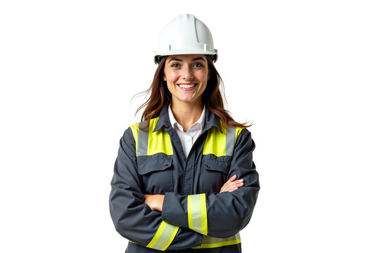 Confident female engineer with transparent hard hat and reflective jacket, arms crossed. Professional, trustworthy. Isolated on transparent background. Ideal for engineering and construction themes.