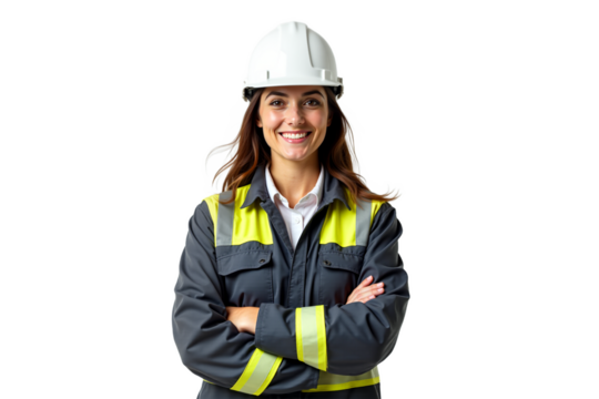 Confident female engineer with transparent hard hat and reflective jacket, arms crossed. Professional, trustworthy. Isolated on transparent background. Ideal for engineering and construction themes.