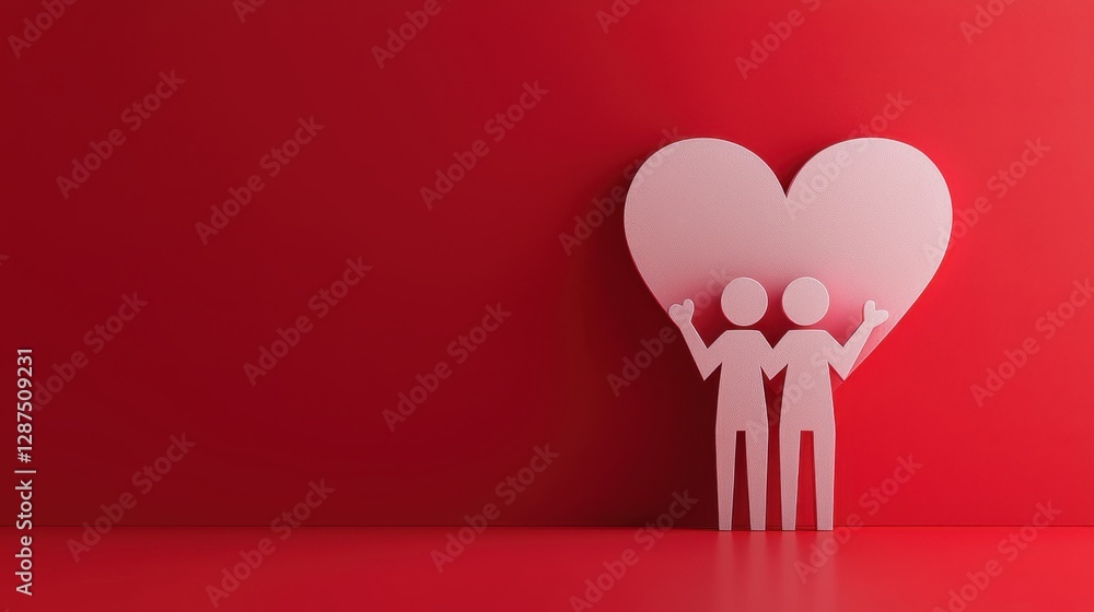 Poster minimalist 3d rendering of two people forming a heart shape against a red background