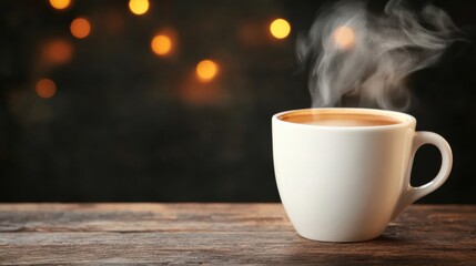 A steaming cup of coffee sits on a wooden table, with a soft glow of blurred lights in the background, creating a warm and inviting atmosphere.