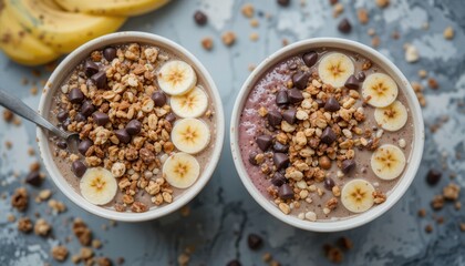 Healthy Smoothie Bowls with Banana and Chocolate Chips for Breakfast