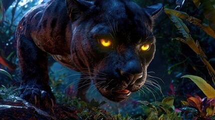 A fierce black panther prowls through a vibrant jungle, showcasing its glowing eyes and powerful presence