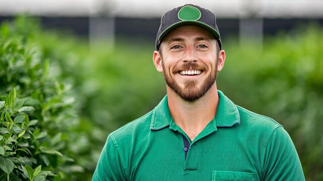 Agronomist with Vaccinium Caesariense in Organic Plantation Smiling Amidst Lush Greenery in Vibrant Rural Landscape