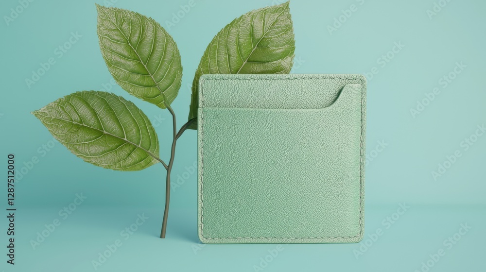 Poster minimalist 3d rendering of a digital wallet icon with leaves on a soft blue background